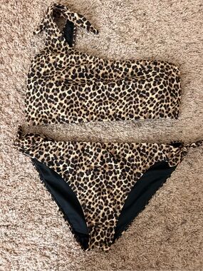 Leopard Print One-Shoulder Bikini Set in Brown & Black